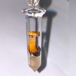 Cute little light brown mushroom on top a peachy piece of calcite.